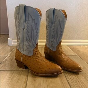 Tecovas Sky Blue and Cognac Ostrich Boots
